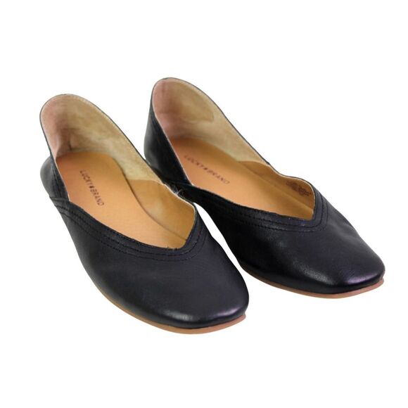 Lucky Brand BLACK GENUINE LEATHER FLAT ROUND TOE BALLET SLIP ON SHOES Sz 7M/37.5 - Picture 1 of 9